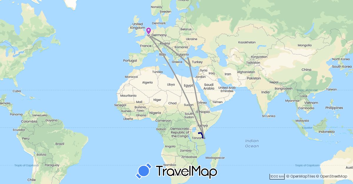 TravelMap itinerary: driving, plane, train, boat in Belgium, Turkey, Tanzania (Africa, Asia, Europe)