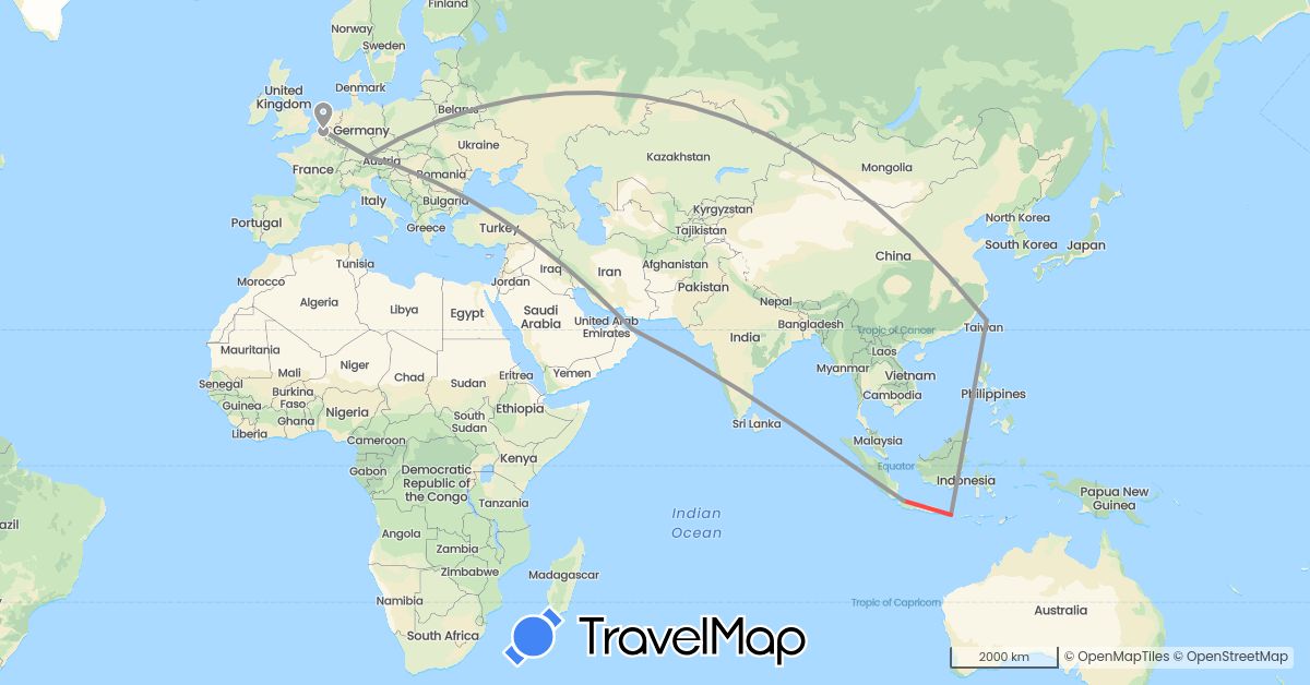 TravelMap itinerary: driving, plane, hiking in Belgium, Germany, Indonesia, Oman, Taiwan (Asia, Europe)