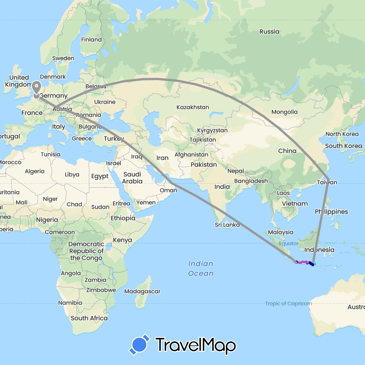 TravelMap itinerary: driving, plane, train, boat in Belgium, Germany, Indonesia, Oman, Taiwan (Asia, Europe)