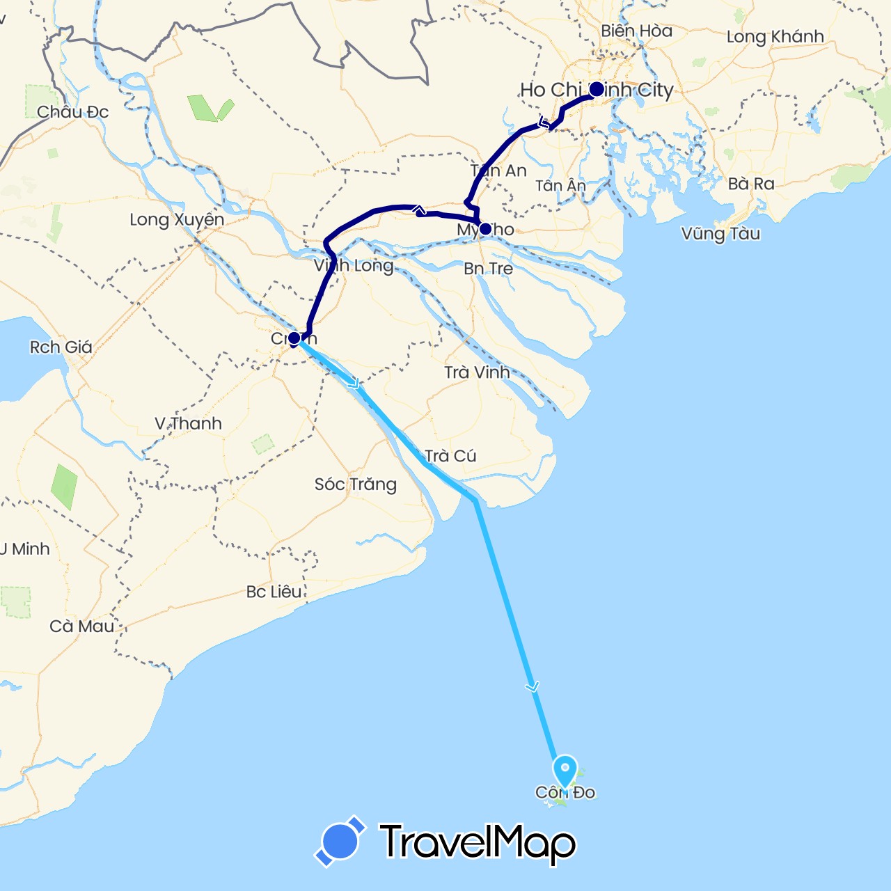 TravelMap itinerary: driving, boat in Vietnam (Asia)